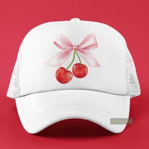 🆕Cherry Bow White Foam Trucker Hat Mesh Snapback Cap